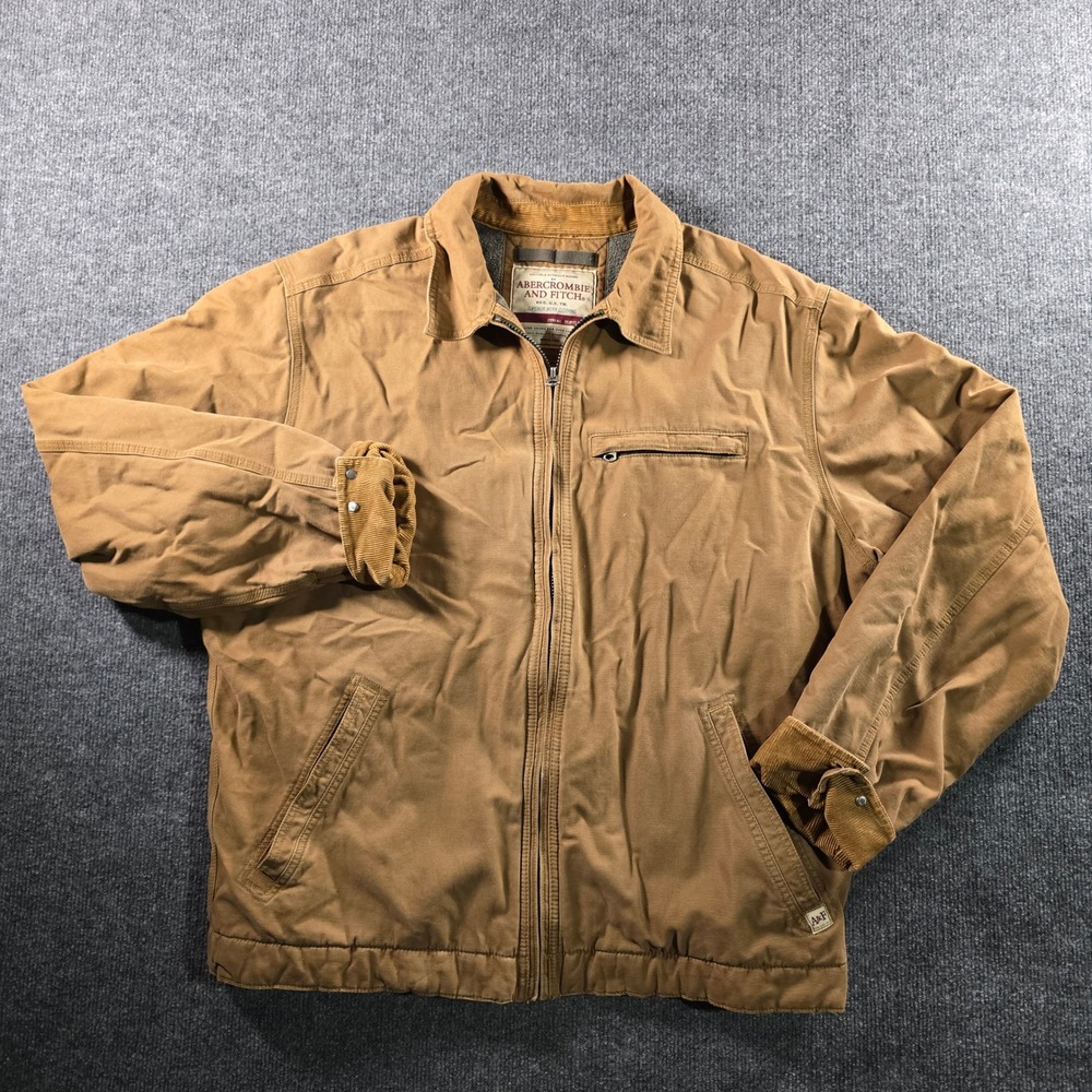 Abercrombie and Fitch Mens Canvas Work Jacket Tan Brown Full Zip Fleece Lined L